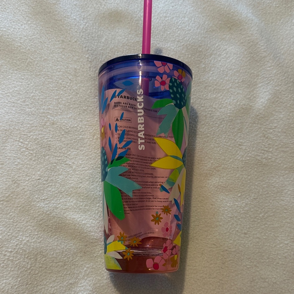 Starbucks 18oz Glass Pink Floral Tumbler with Multicolor Botanical Print